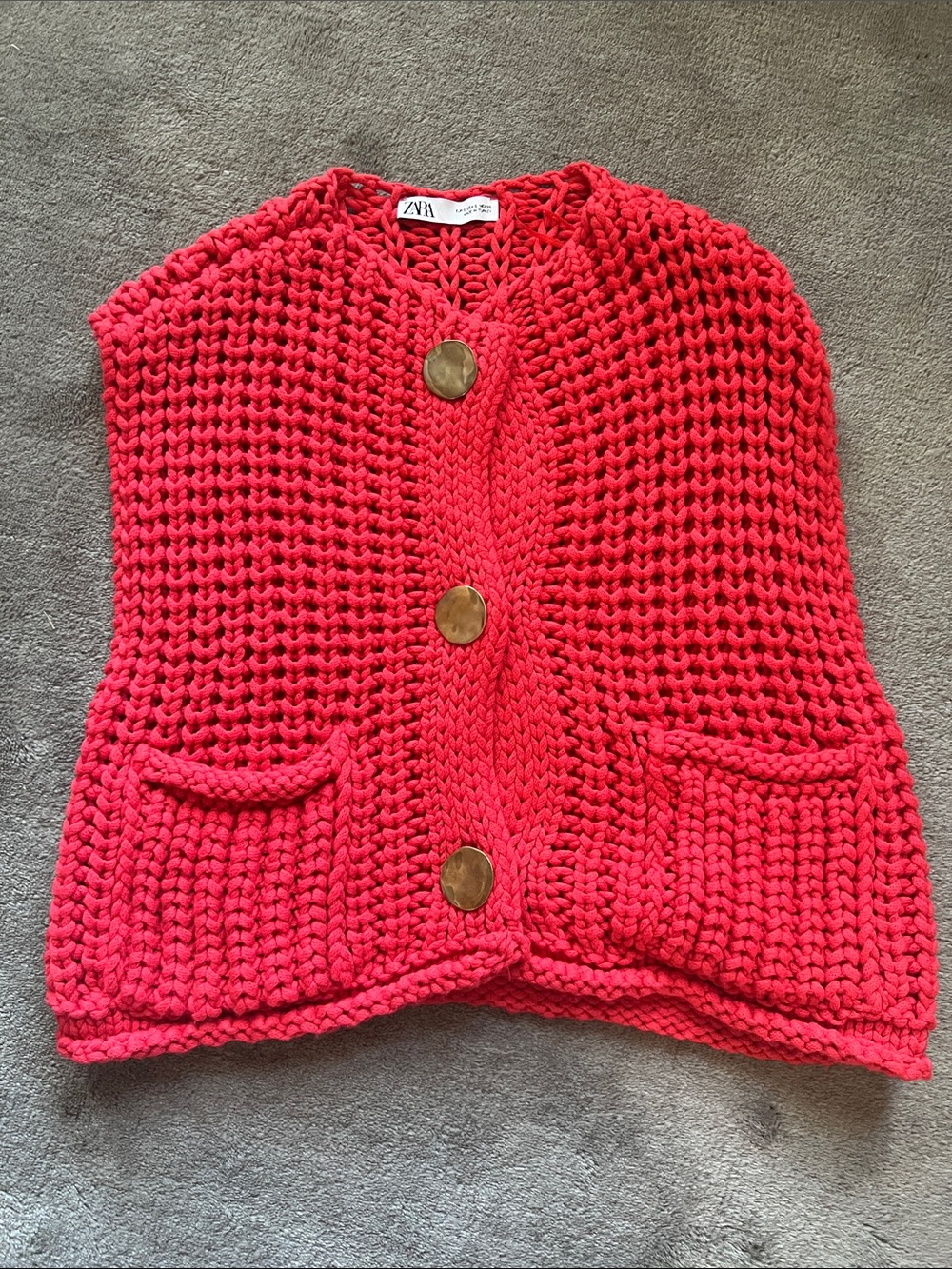 Zara Bright Red Chunky Knit Button Front Vest